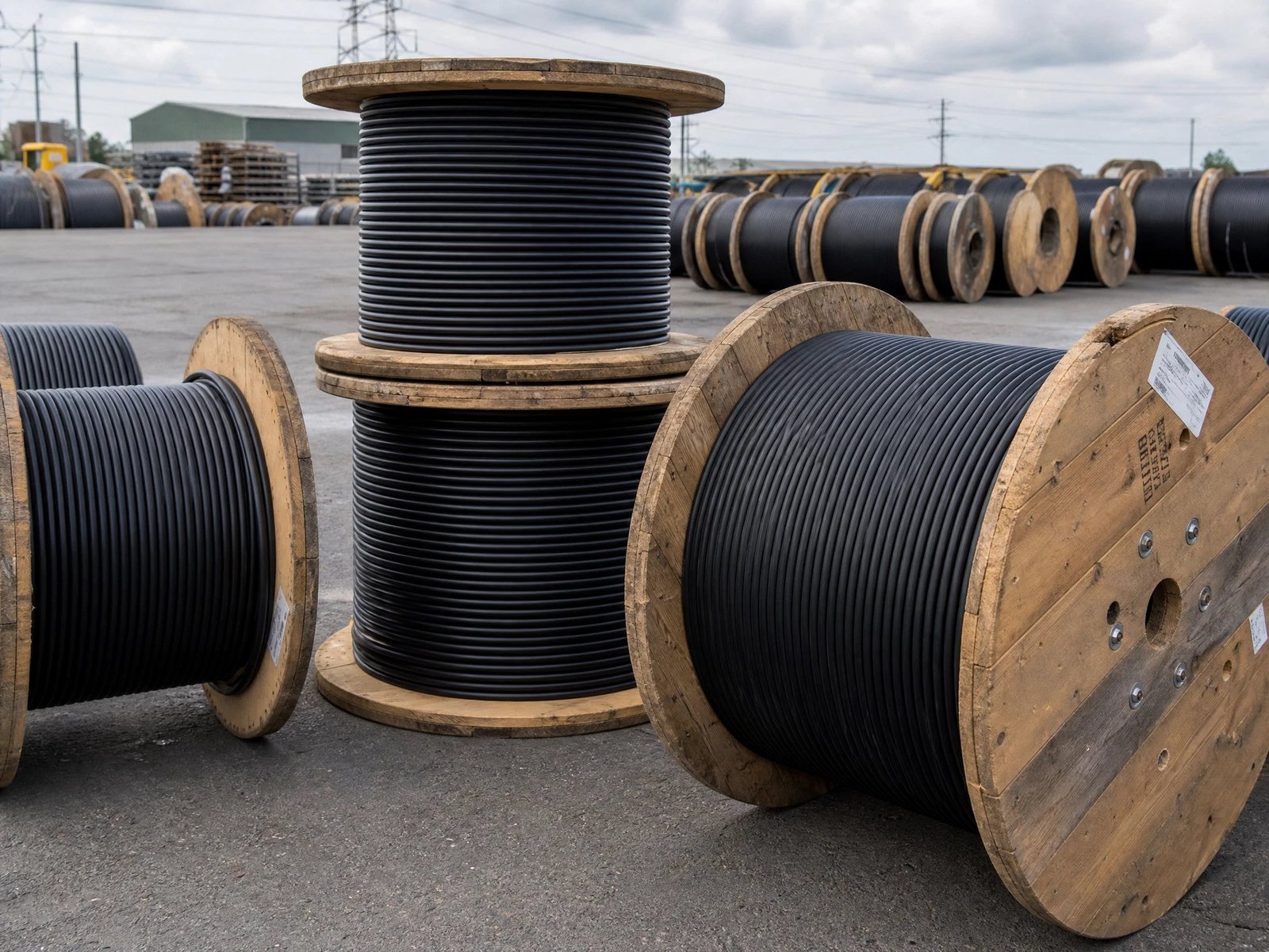 Surplus cable reels staged in a buyer yard