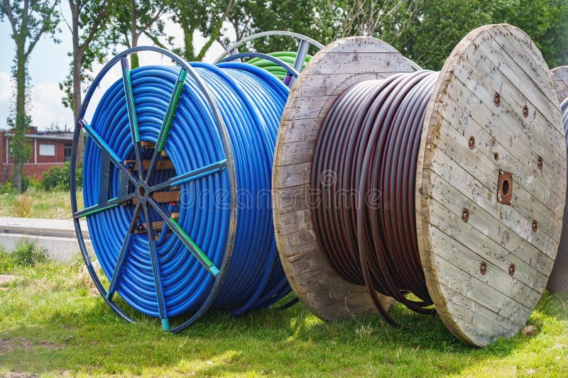 Industrial cable reels stored outdoors